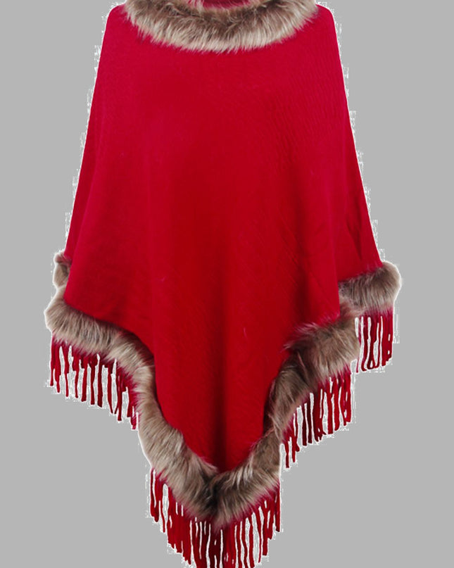 Faux Fur Trim Fringed Poncho Deep Red One Size