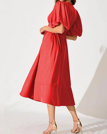 V-Neck Puff Sleeve Midi Dress