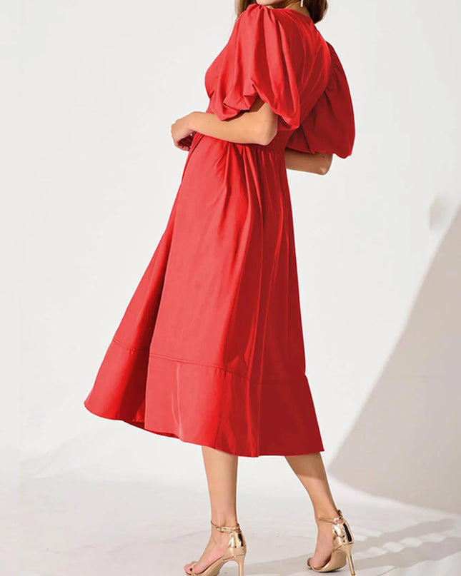 V-Neck Puff Sleeve Midi Dress