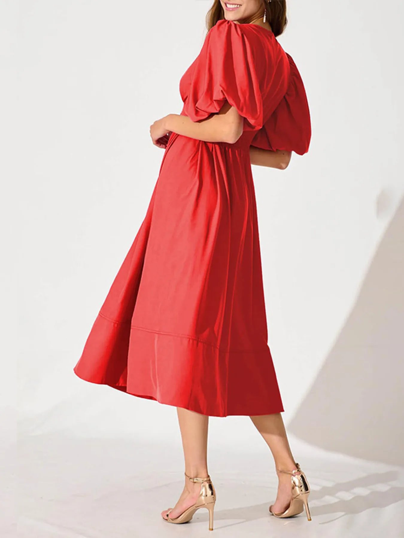 V-Neck Puff Sleeve Midi Dress