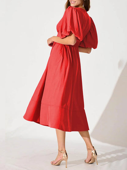 V-Neck Puff Sleeve Midi Dress