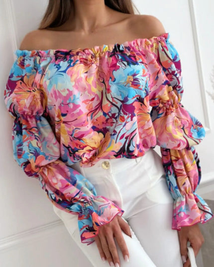 Off-Shoulder Floral Ruffle Blouse with Elastic Neckline