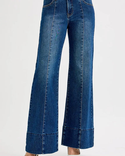 RISEN Full Size Tummy Control Mid Rise Ankle Wide Flare Jeans Plus Size DARK