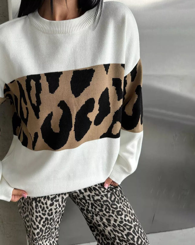 Leopard Color Block Round Neck Sweater White
