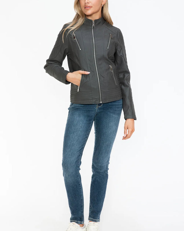 Snobbish Faux Leather Zip Up Mock Neck Jacket