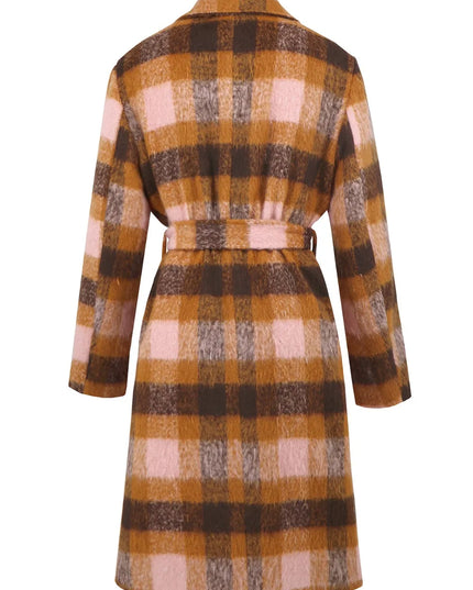 Tied Plaid Collared Neck Coat