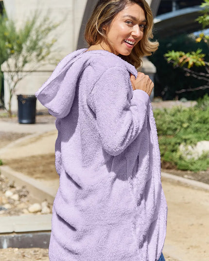 Double Take Full Size Hooded Teddy Bear Jacket with Thumbholes