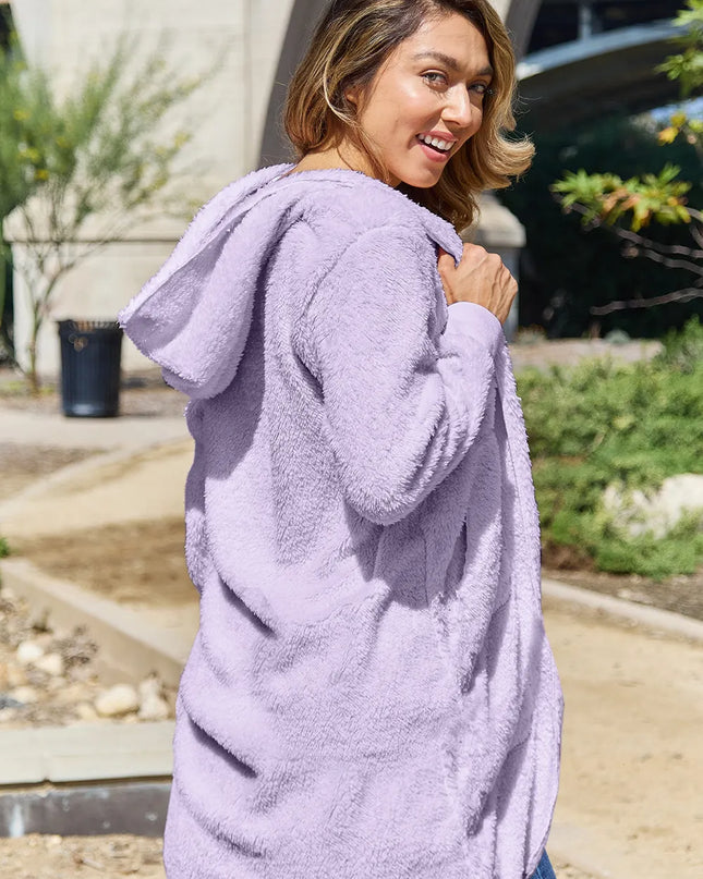 Double Take Full Size Hooded Teddy Bear Jacket with Thumbholes