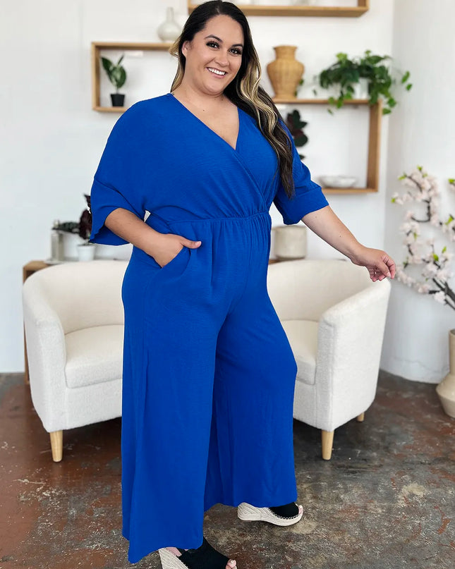 Double Take Full Size Surplice Wide Leg Jumpsuit with Pockets