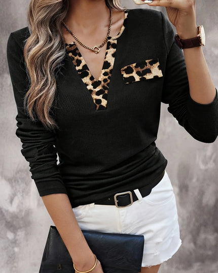 Leopard Trim Long Sleeve T-Shirt