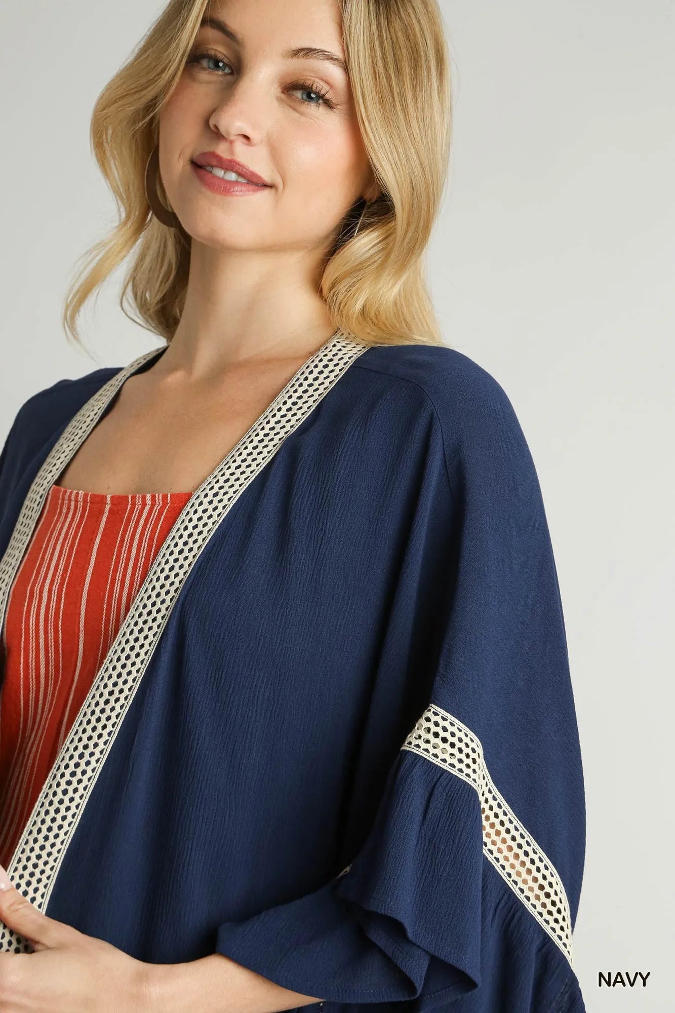 Umgee Ruffle Trim Kimono with Crochet Accent