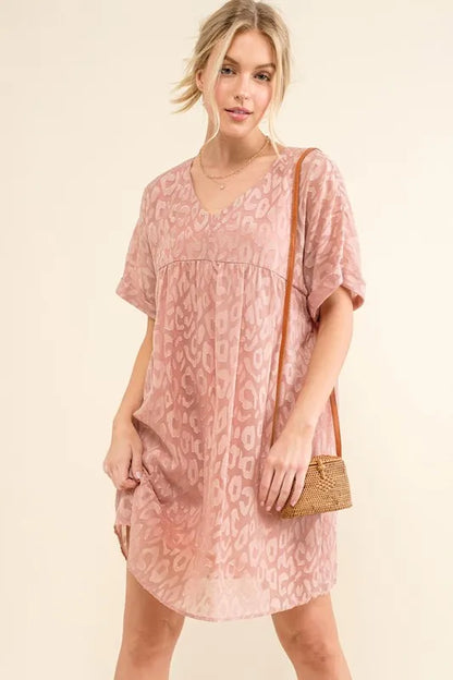And The Why Woven Leopard Baby Doll Roll-Sleeve Casual Dress