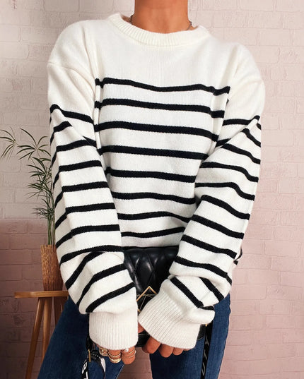 Striped Round Neck Drop Shoulder Sweater