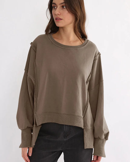 Exposed Seam High-Low Long Sleeve Sweatshirt Taupe One Size