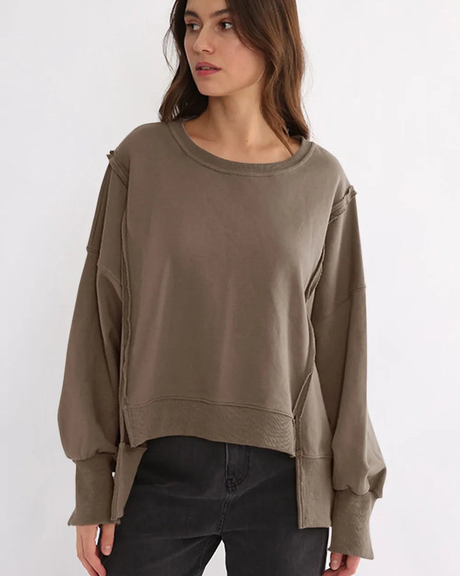 Exposed Seam High-Low Long Sleeve Sweatshirt Taupe One Size