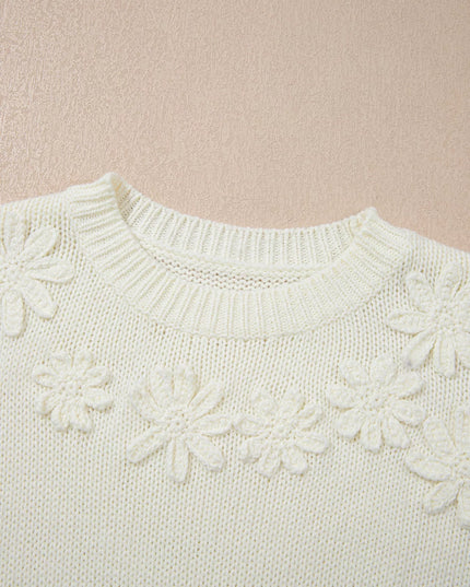 Flower Detail Round Neck Contrast Textured Puff Sleeve Sweater