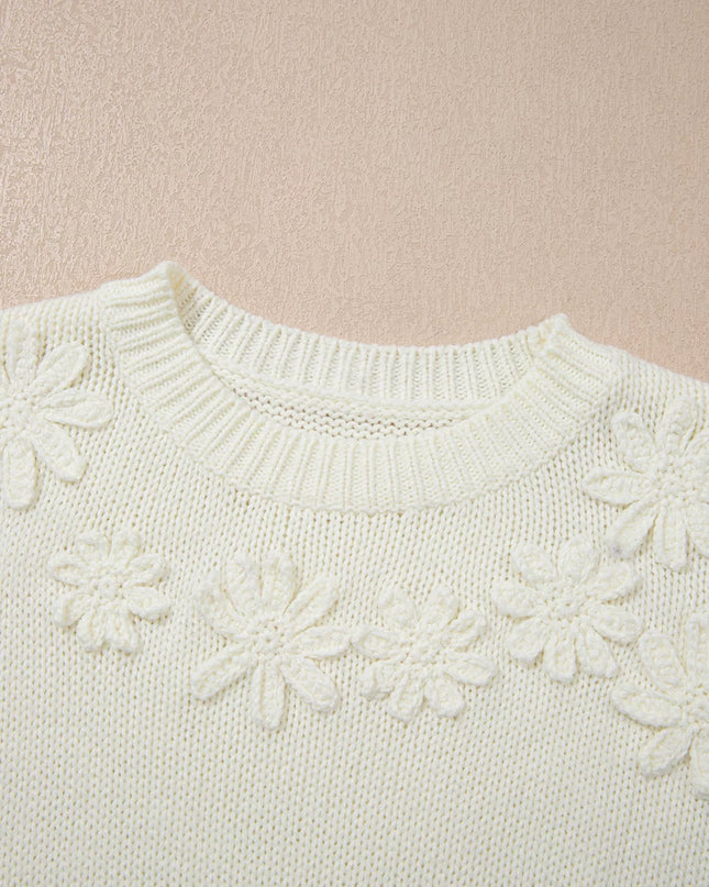 Flower Detail Round Neck Contrast Textured Puff Sleeve Sweater
