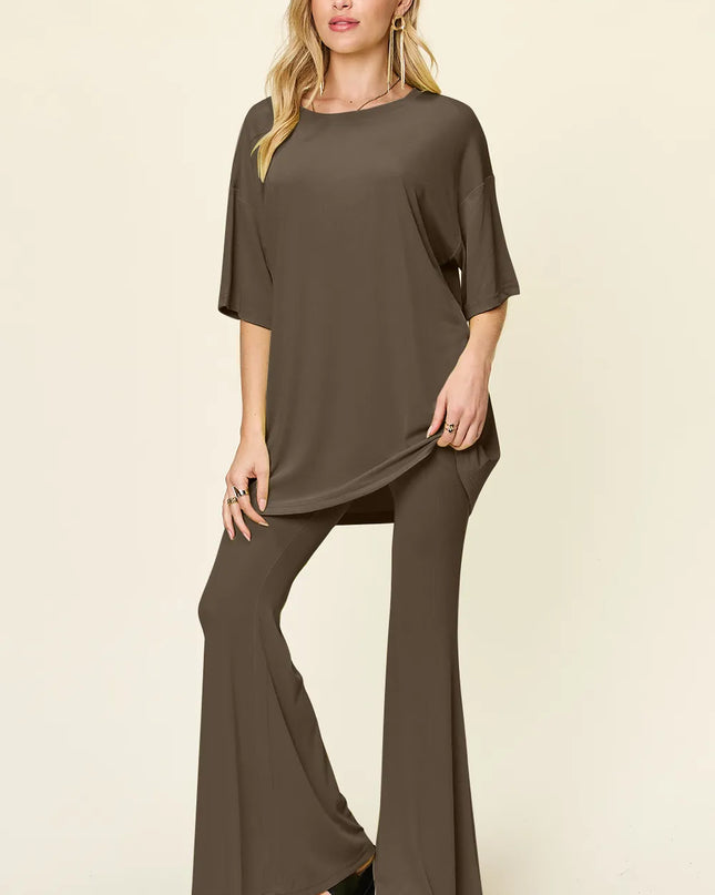 Double Take Full Size Round Neck Drop Shoulder T-Shirt and Flare Pants Set Mocha
