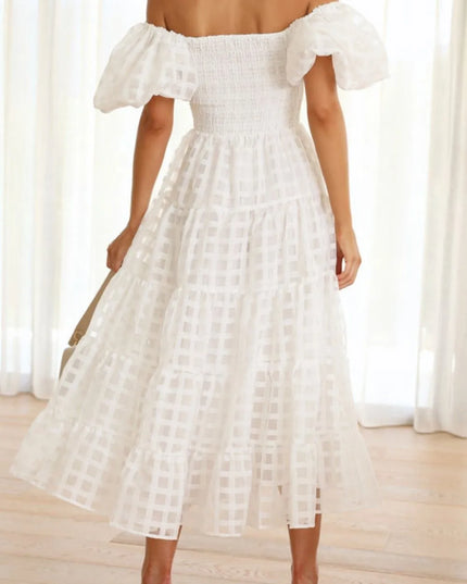 Off Shoulder Short Puff Sleeve Midi Dress