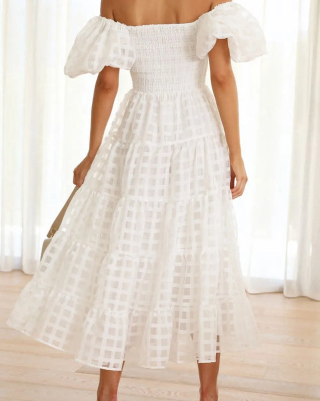 Off Shoulder Short Puff Sleeve Midi Dress