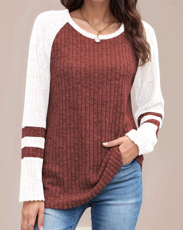 Ribbed Round Neck Raglan Sleeve Top