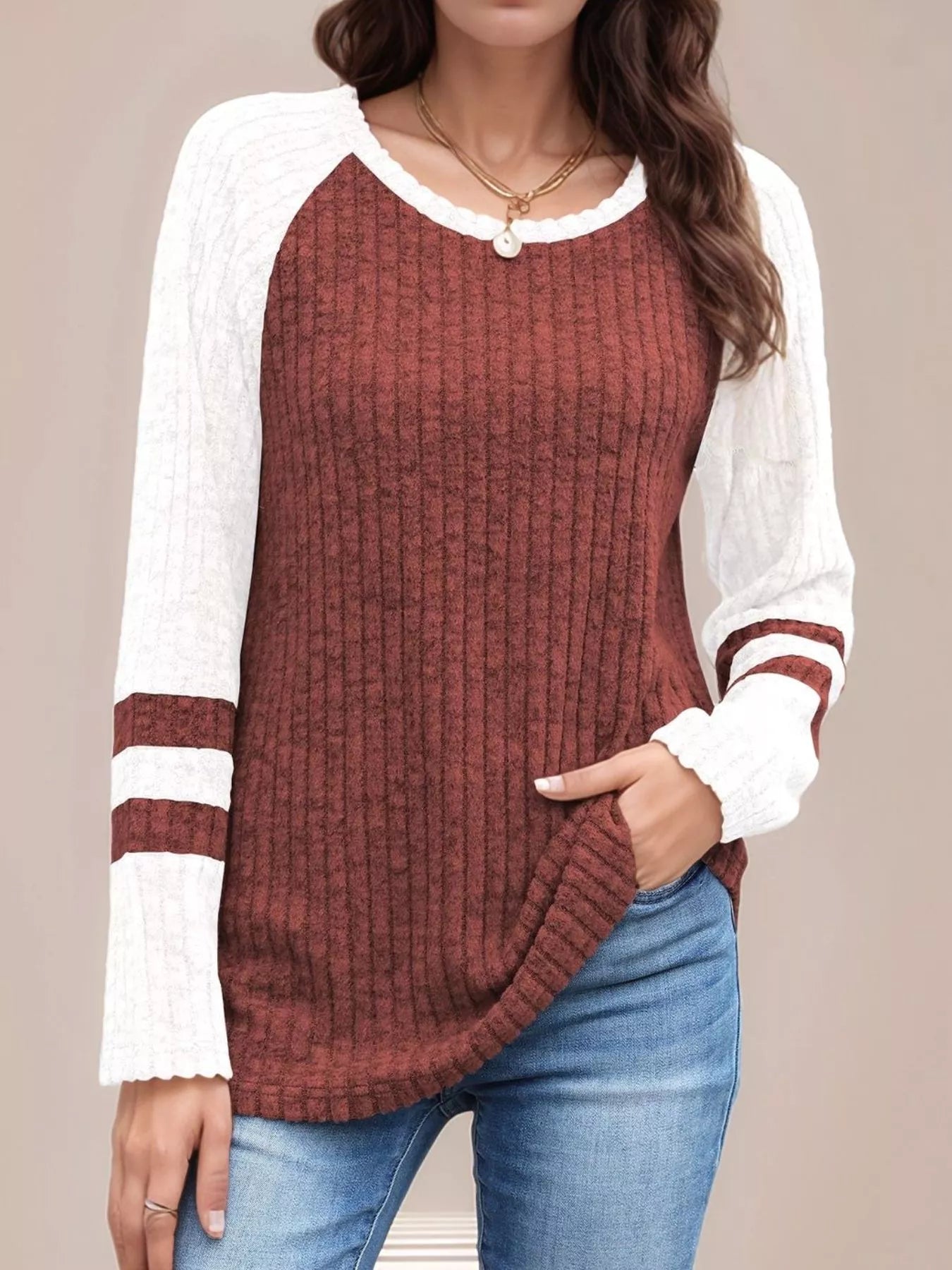 Ribbed Round Neck Raglan Sleeve Top
