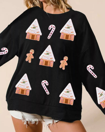 Christmas Gingerbread House Sequin Sweatshirt Black