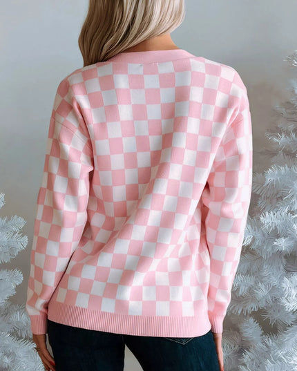 Christmas Tree Pattern Checkered Button V Neck Cardigan