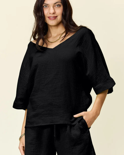 Double Take Texture Half Sleeve T-Shirt and Drawstring Shorts Set Black