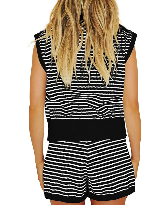 Striped Cap Sleeve Top and Shorts Sweater Set