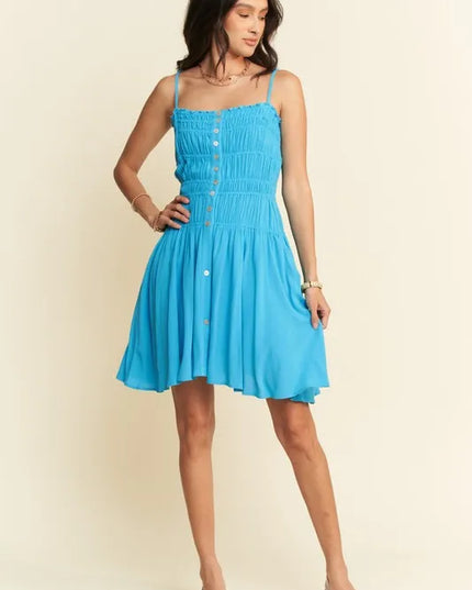 Davi & Dani Smocking Bodice Sleeveless Button Down Mini Dress