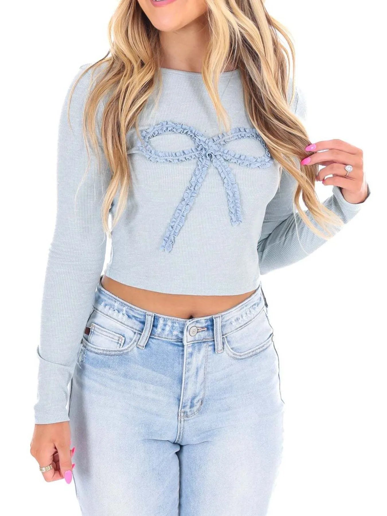 Bow Long Sleeve Fitted T-Shirt