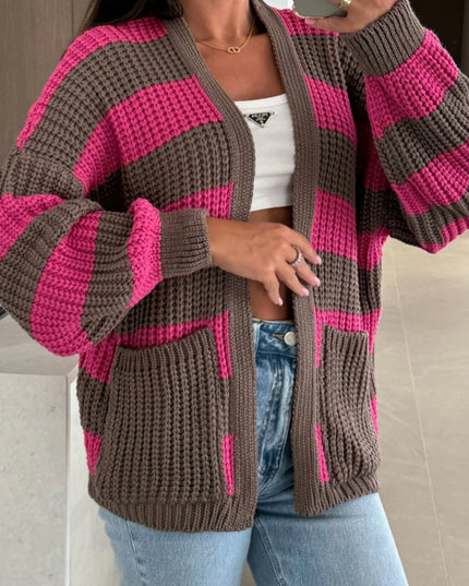 Striped Open Front Long Sleeve Cardigan Fuchsia Pink