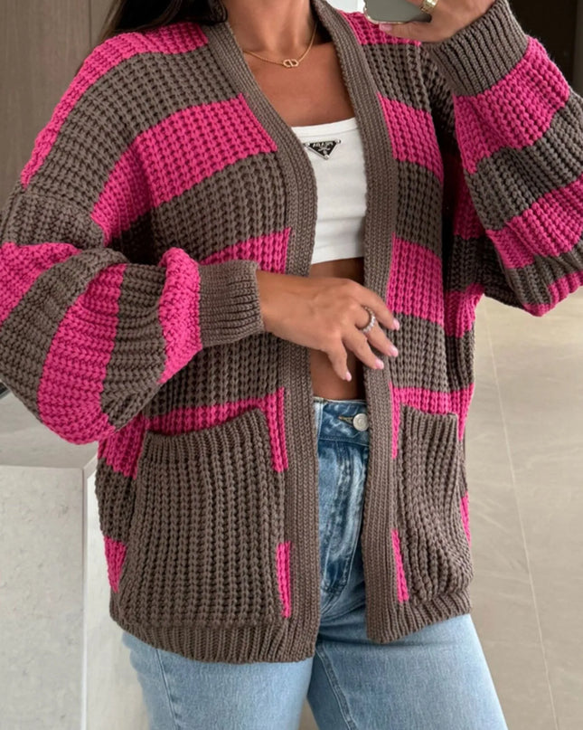 Striped Open Front Long Sleeve Cardigan Fuchsia Pink