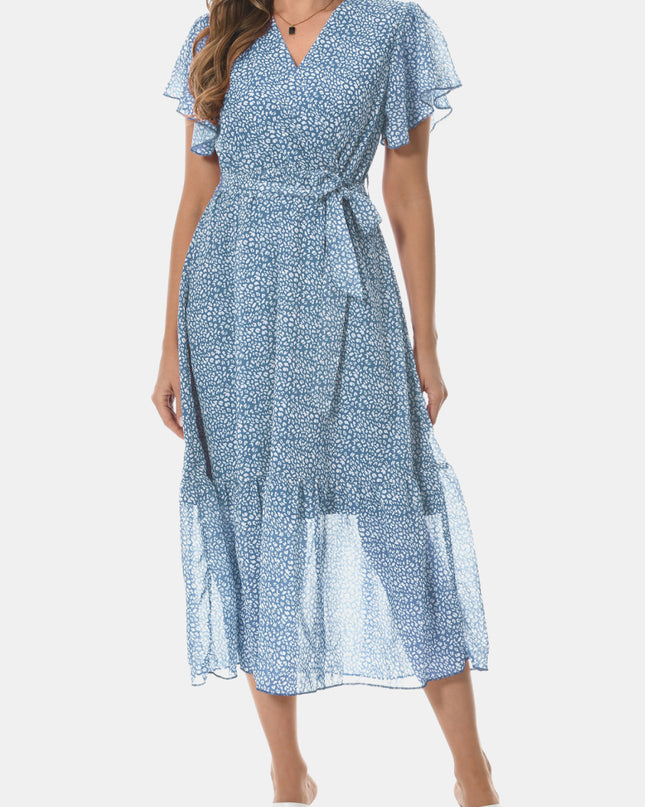 Surplice Neck Flutter Sleeve Tied Dress Light Blue