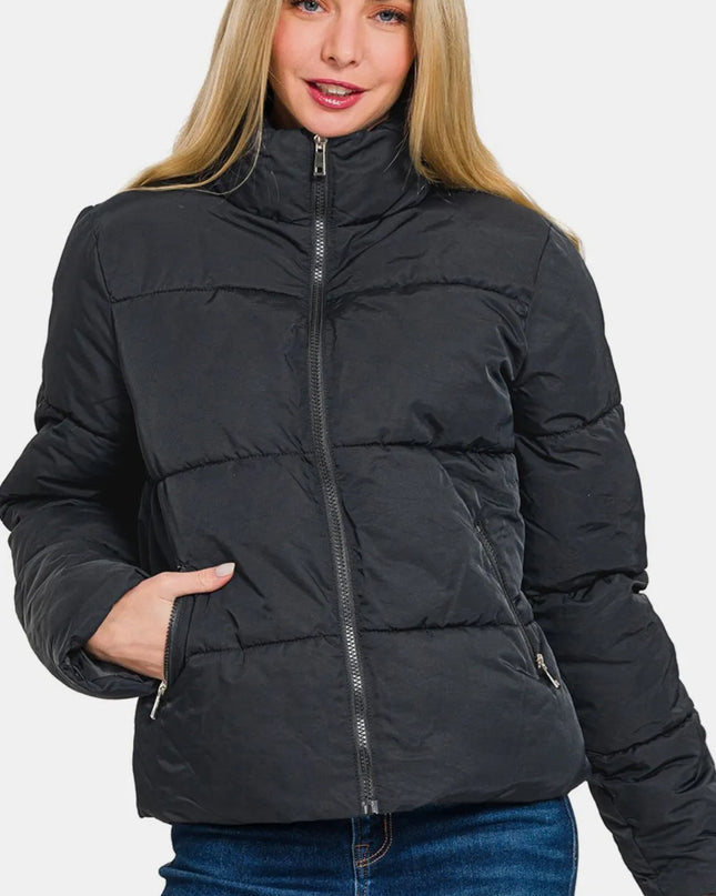 Zenana Zip Up Turtleneck Puffer Jacket with Pockets
