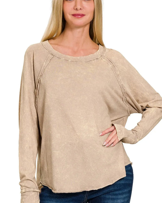 Zenana Crinkle Washed Thumb Hole Cuffs Long Sleeve Top ASH MOCHA