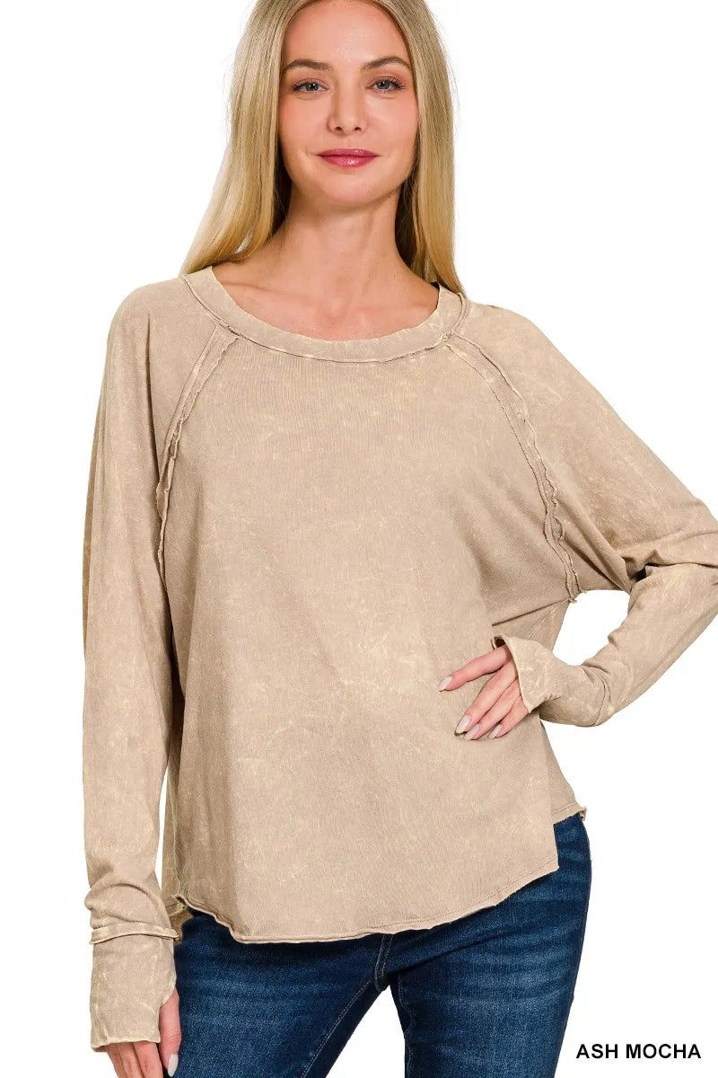 Zenana Crinkle Washed Thumb Hole Cuffs Long Sleeve Top ASH MOCHA