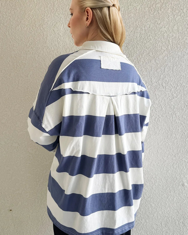 Oh Pima Cotton Wash Wide Striped Collared Neck Long Sleeve Top