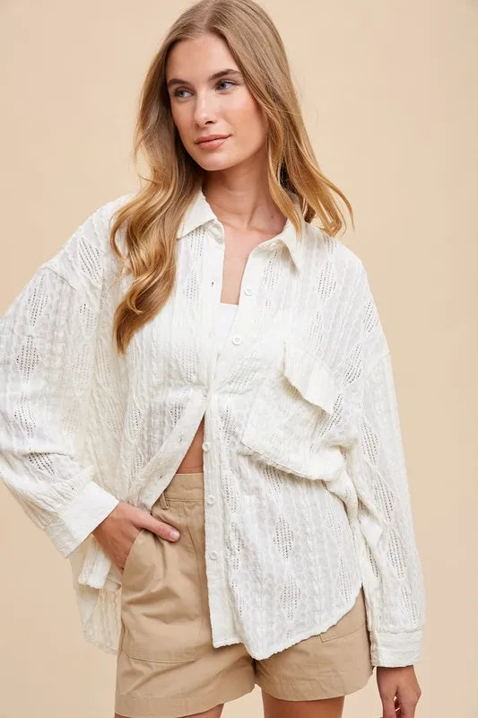 Annie Wear Openwork Button Down Drop Shoulder Shirt Ivory