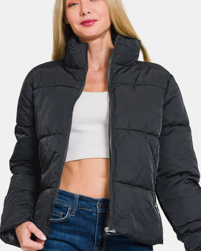 Zenana Zip Up Turtleneck Puffer Jacket with Pockets Black