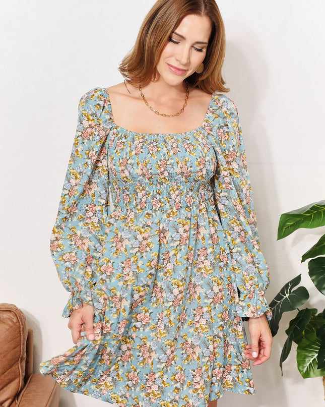 Honey Floral Smocked Flounce Sleeve Square Neck Dress