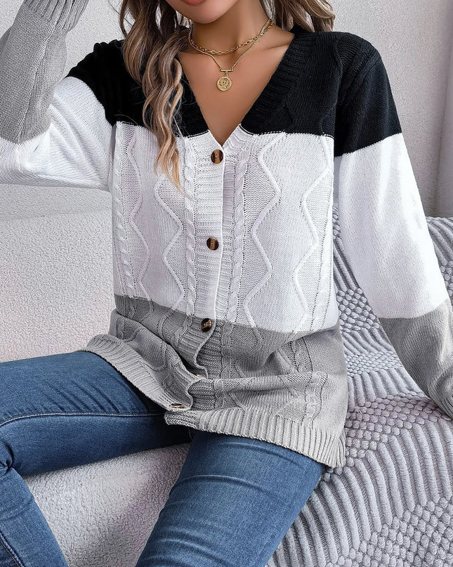 Cable-Knit Striped Button Up Cardigan