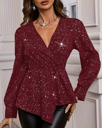 Asymmetrical Hem Surplice Long Sleeve Blouse Burgundy