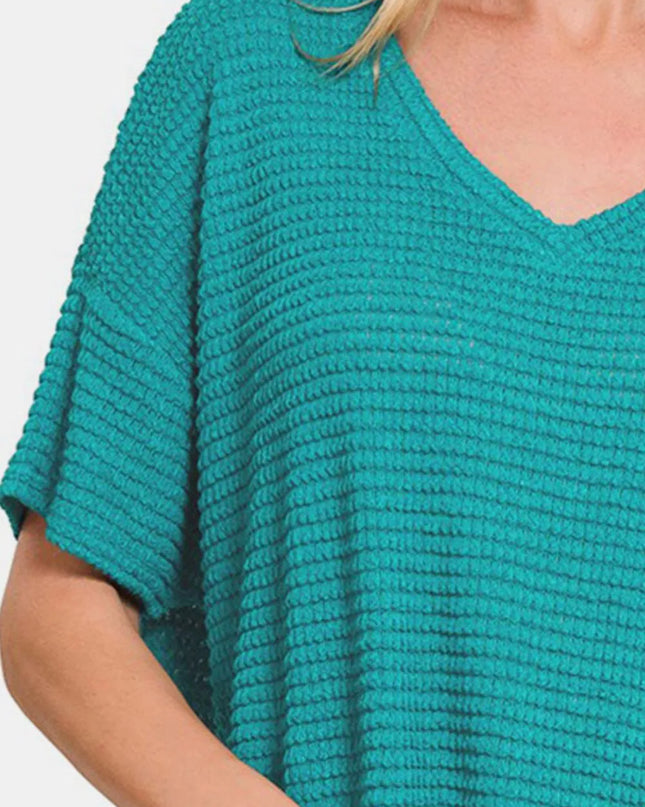 Zenana Drop Shoulder Short Sleeve Jacquard Knit Top