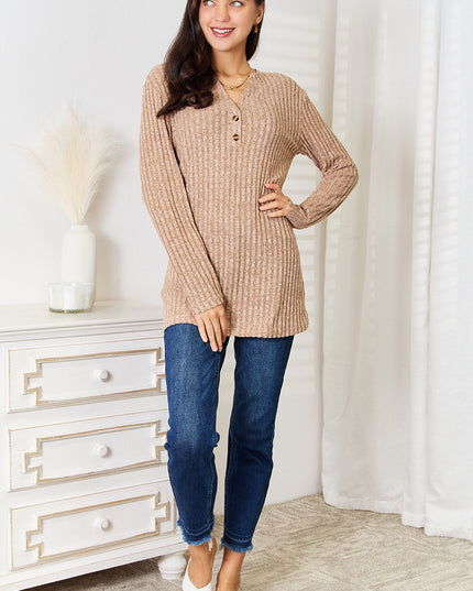 Double Take Notched Neck Ribbed Long Sleeve T-Shirt