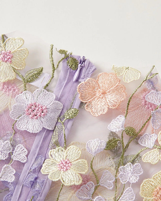 Floral Embroidered Mesh Overlay Maxi Dress