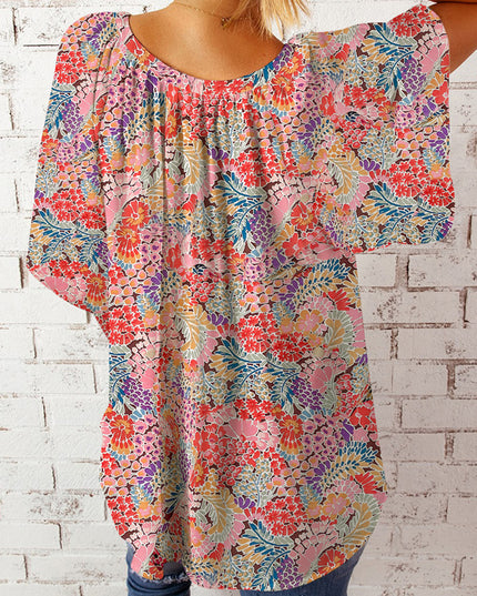 Floral Notched Neck Flutter Sleeve Blouse