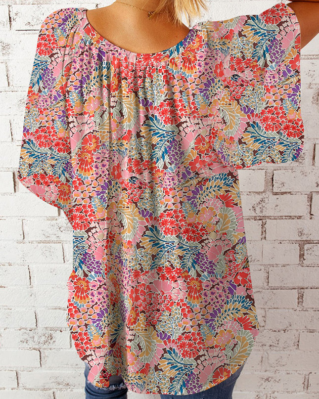 Floral Notched Neck Flutter Sleeve Blouse