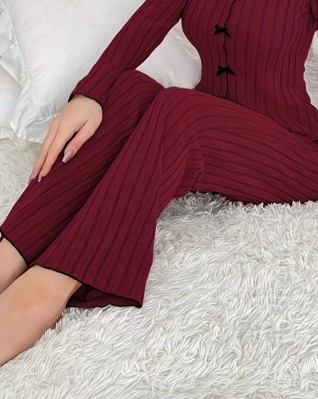 Ribbed Bow Front Top and Pants Lounge Set
